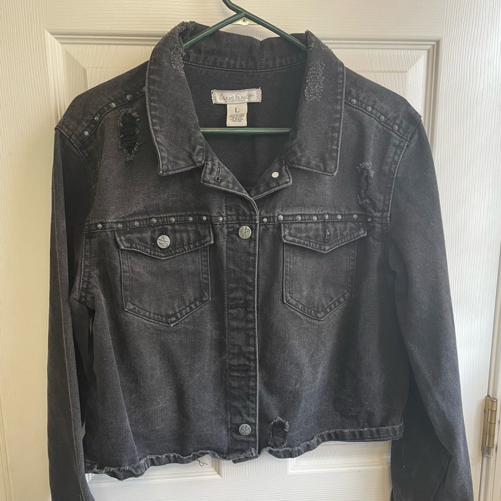 Juniors Black Distressed Denim Jacket Size L